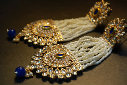 BLUE JHOOMAR STYLE EARRINGS IN KUNDAN & PEARLS