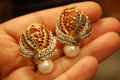 RED & BLUE PEARL FLORAL EARRINGS