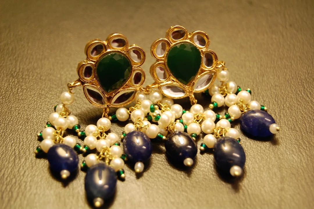 GREEN & BLUE KUNDAN EARRINGS