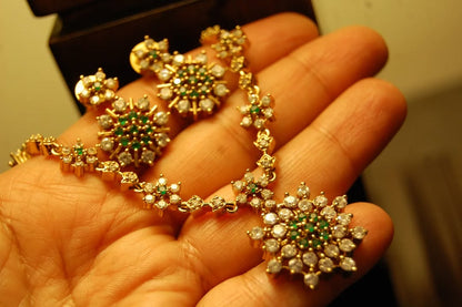 SOUTH INDIAN NECKLACE SET IN GREEN & ZIRCON