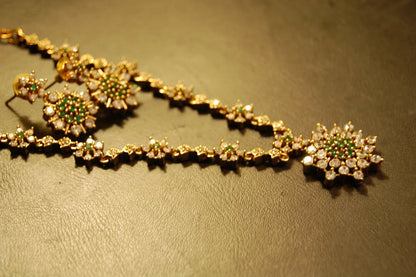 SOUTH INDIAN NECKLACE SET IN GREEN & ZIRCON