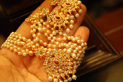 SOUTH INDIAN PEARL NECKLACE SET IN RED, GREEN & ZIRCON