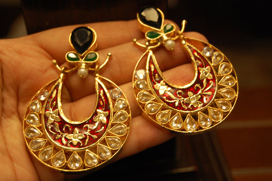 RED MEENA & KUNDAN EARRINGS WITH BLUE,GREEN