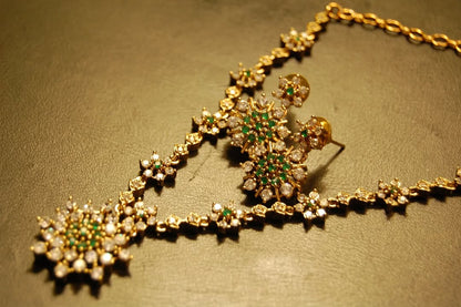 SOUTH INDIAN NECKLACE SET IN GREEN & ZIRCON