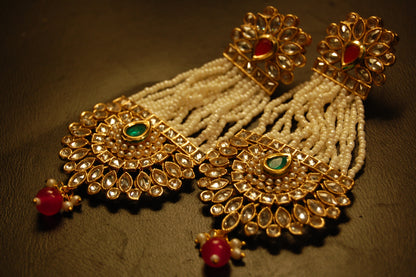 JHOOMAR STYLE EARRINGS IN KUNDAN, PEARLS, RED & GREEN