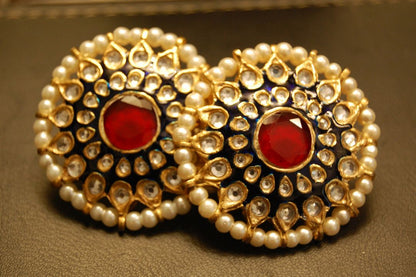 BLUE MEENA EARRINGS WITH KUNDAN & RED STONES