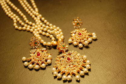 SOUTH INDIAN PEARL NECKLACE SET IN RED, GREEN & ZIRCON