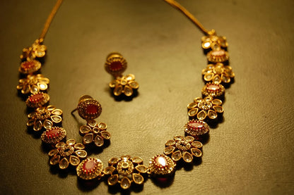 SOUTH INDIAN NECKLACE SET IN RED & ZIRCON