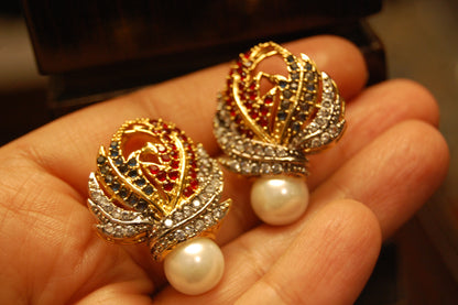 RED & BLUE PEARL FLORAL EARRINGS