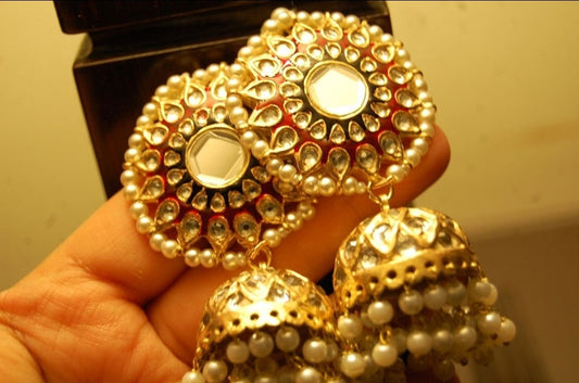 BLUE & RED MEENA & KUNDAN JHUMKAS