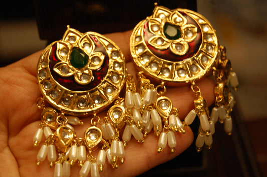 RED MEENA & GREEN EARRINGS WITH PEARLS