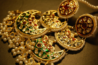 RED BLUE & GREEN MEENA & KUNDAN LONG EARRINGS