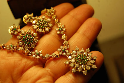 SOUTH INDIAN NECKLACE SET IN GREEN & ZIRCON