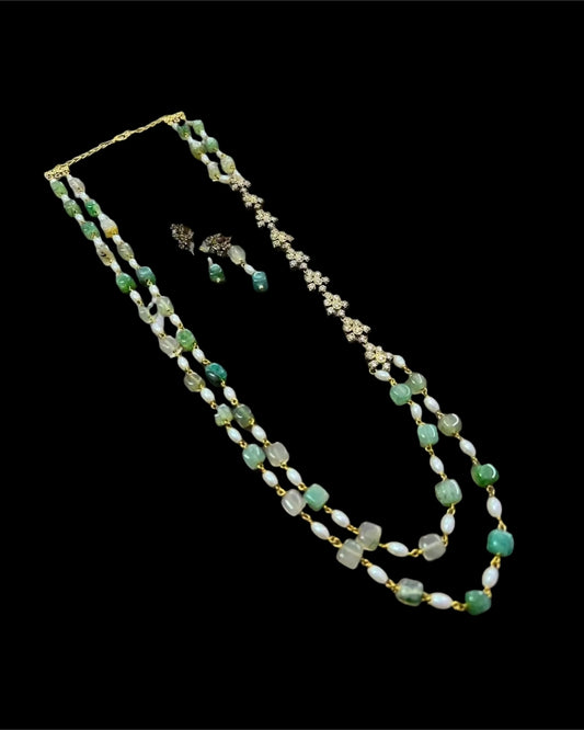 PEARL & JADE GREEN MALA WITH ZIRCON STRING