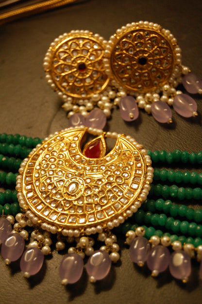 ELEGANT GREEN & KUNDAN CHOKER SET WITH LILAC DROPS & RED STONES