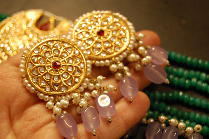 ELEGANT GREEN & KUNDAN CHOKER SET WITH LILAC DROPS & RED STONES