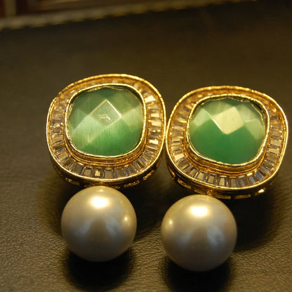 JADE GREEN, ZIRCON & PEARL EARRINGS
