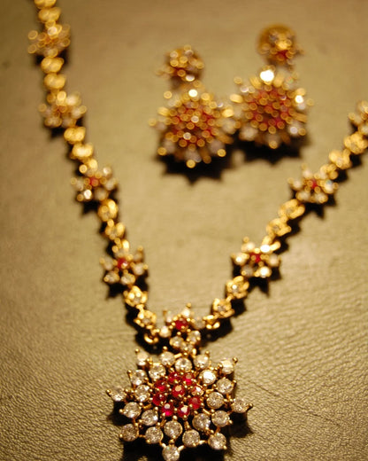 SOUTH INDIAN NECKLACE SET IN RED & ZIRCON