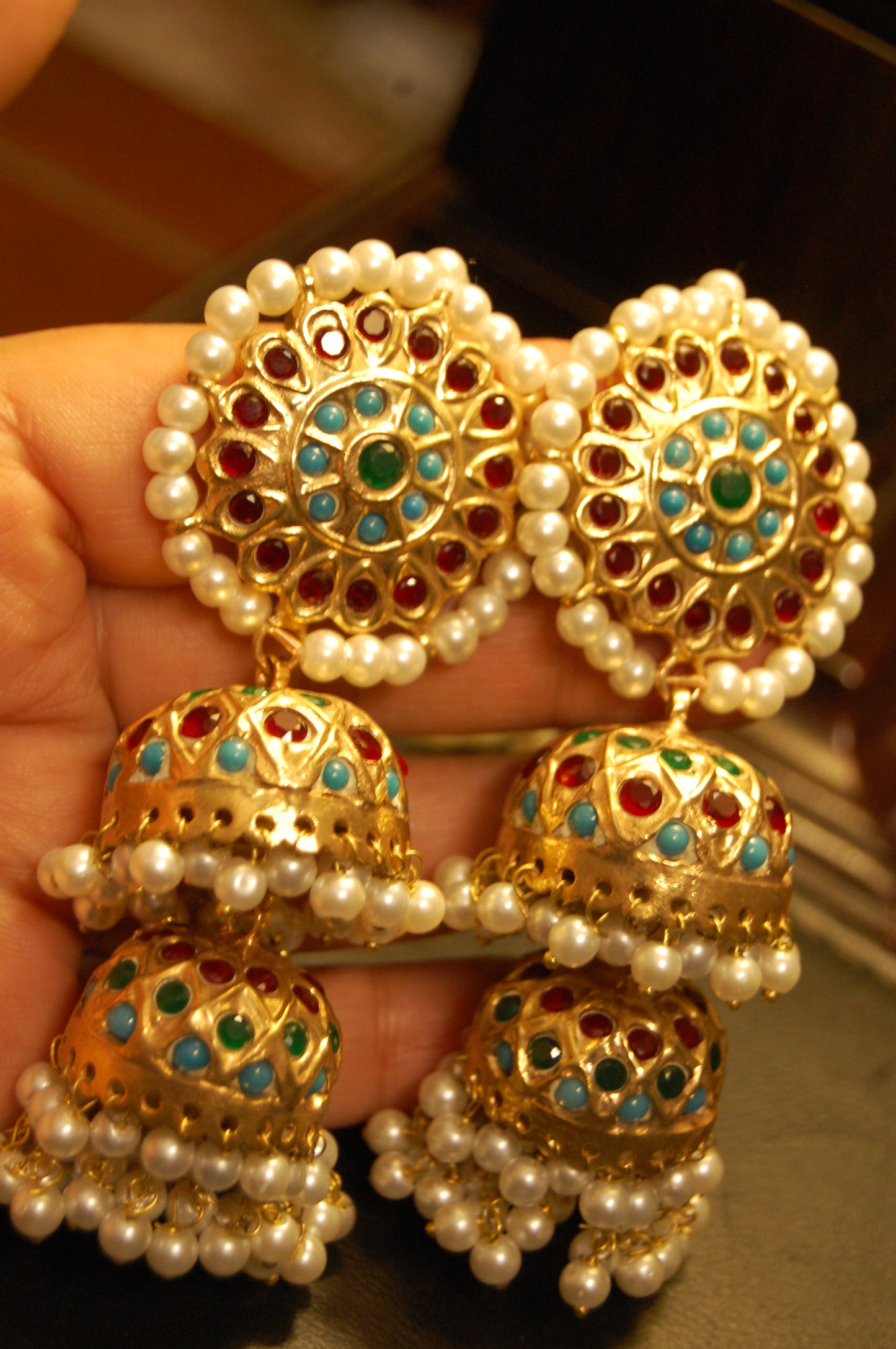 MULTI STONE TWO LAYERED JHUMKAS