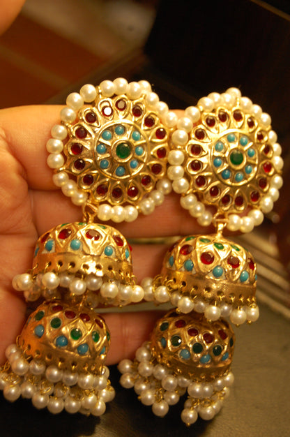 MULTI STONE TWO LAYERED JHUMKAS