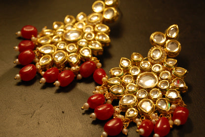 INDIAN POLKI KUNDAN EARRINGS WITH RED