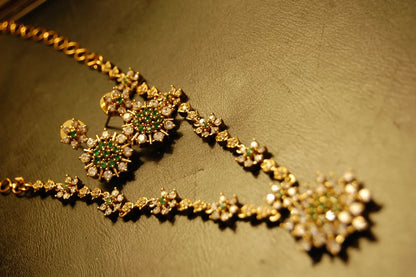SOUTH INDIAN NECKLACE SET IN GREEN & ZIRCON
