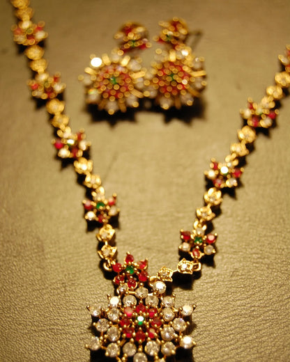 SOUTH INDIAN NECKLACE SET IN RED, GREEN & ZIRCON