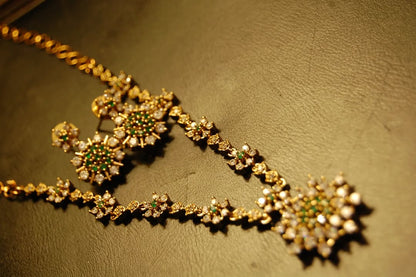 SOUTH INDIAN NECKLACE SET IN GREEN & ZIRCON