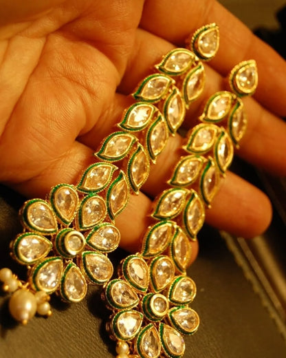 LONG KUNDAN FLORAL EARRINGS WITH WHITE PEARL