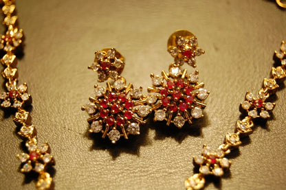SOUTH INDIAN NECKLACE SET IN RED & ZIRCON