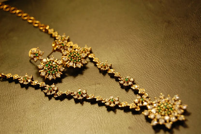 SOUTH INDIAN NECKLACE SET IN GREEN & ZIRCON