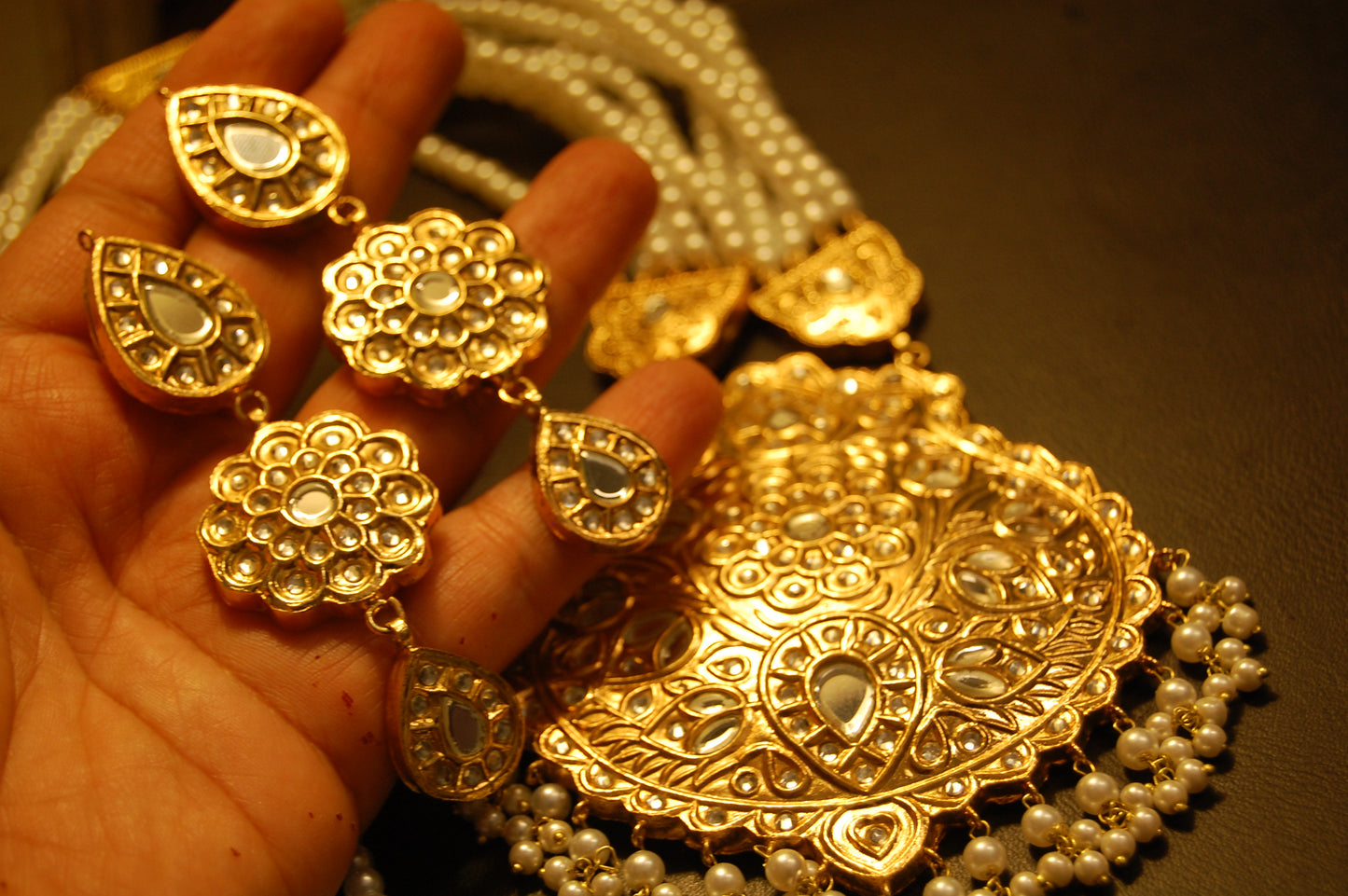 ELEGANT LONG KUNDAN,  PEARLS MALA & EARRINGS SET