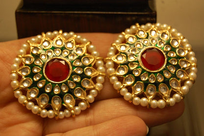GREEN MEENA EARRINGS WITH KUNDAN & RED STONES