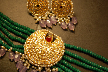 ELEGANT GREEN & KUNDAN CHOKER SET WITH LILAC DROPS & RED STONES