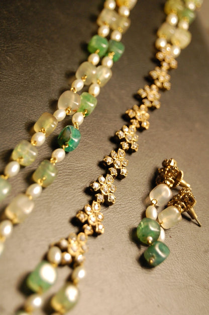 PEARL & JADE GREEN MALA WITH ZIRCON STRING