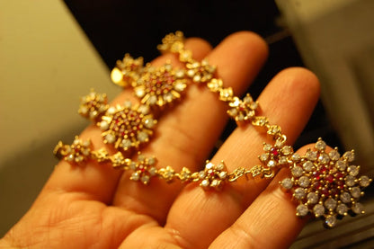 SOUTH INDIAN NECKLACE SET IN RED & ZIRCON