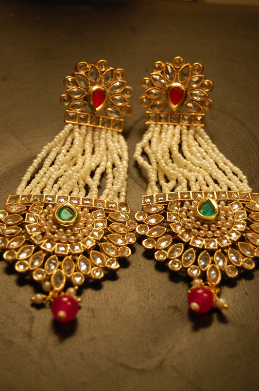 JHOOMAR STYLE EARRINGS IN KUNDAN, PEARLS, RED & GREEN