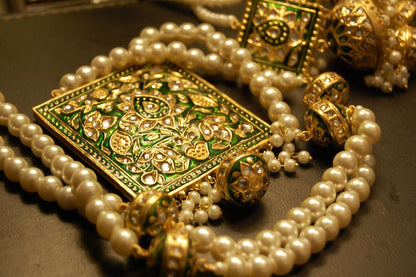 MALA & JHUMKA SET IN KUNDAN WITH GREEN MEENA