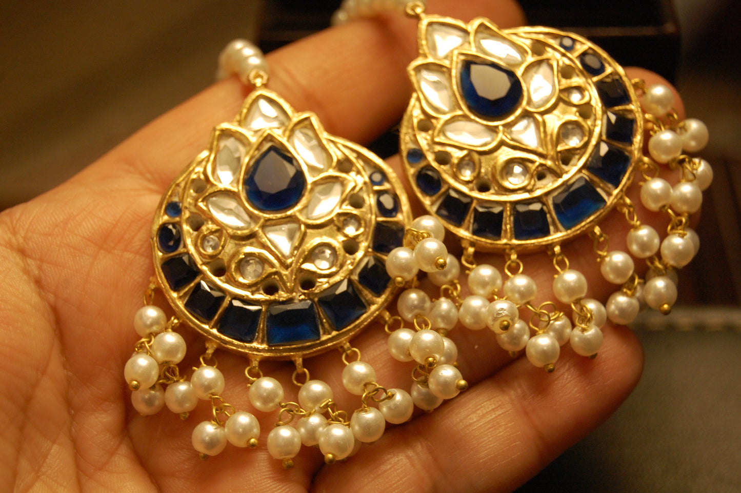 BLUE KUNDAN & PEARLS EARRINGS