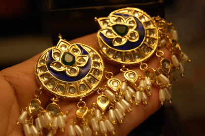 BLUE MEENA & GREEN STONE  EARRINGS WITH PEARLS