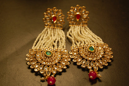 JHOOMAR STYLE EARRINGS IN KUNDAN, PEARLS, RED & GREEN