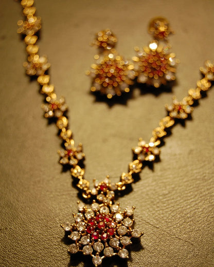 SOUTH INDIAN NECKLACE SET IN RED & ZIRCON