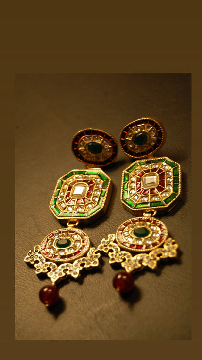 RED & GREEN KUNDAN LONG EARRINGS