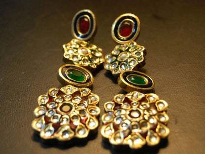 RED & GREEN KUNDAN LONG EARRINGS