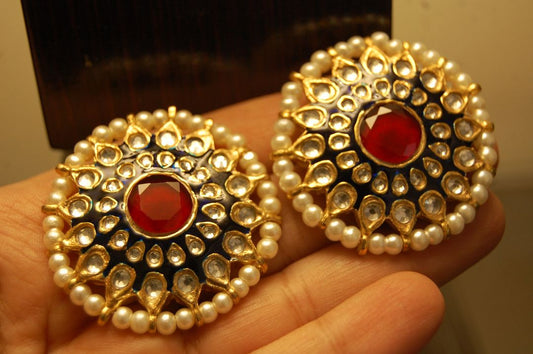 BLUE MEENA EARRINGS WITH KUNDAN & RED STONES