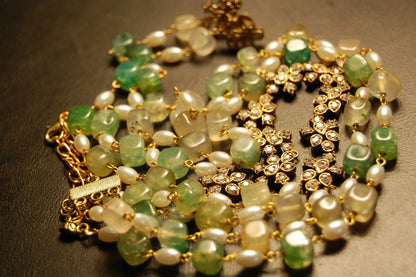 PEARL & JADE GREEN MALA WITH ZIRCON STRING