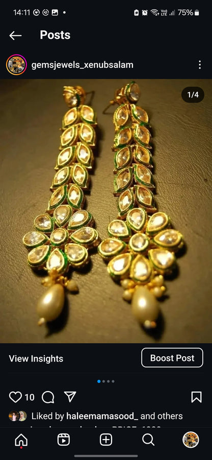 LONG KUNDAN FLORAL EARRINGS WITH WHITE PEARL