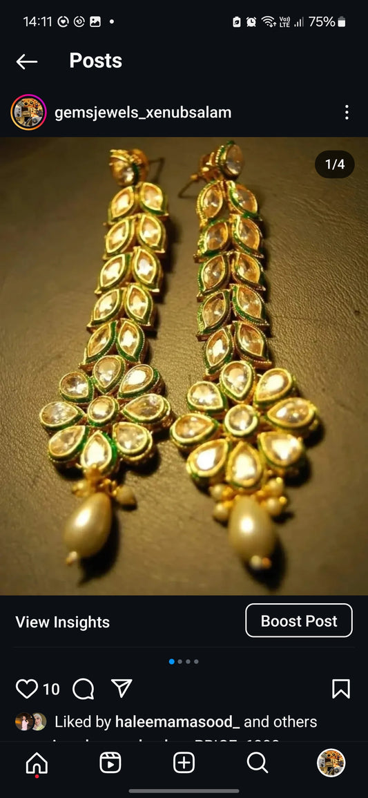 LONG KUNDAN FLORAL EARRINGS WITH WHITE PEARL