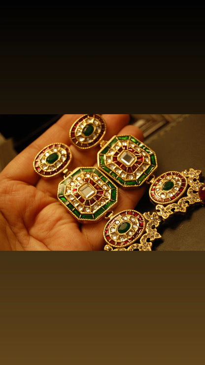 RED & GREEN KUNDAN LONG EARRINGS