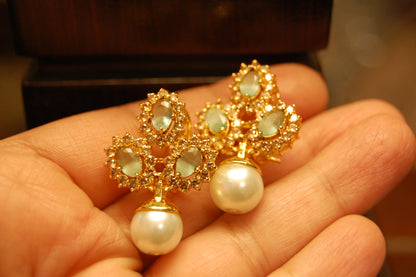 JADE GREEN & PEARL EARRINGS